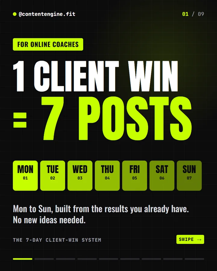 Fitness carousel cover: 1 client win equals 7 posts