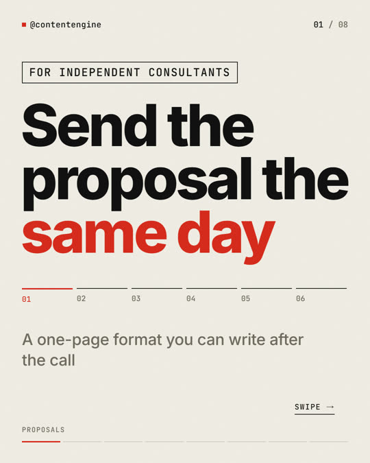 Carousel cover slide in an off-white Swiss style reading Send the proposal the same day