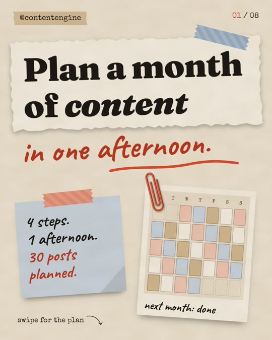 Carousel cover slide in a paper scrapbook style reading Plan a month of content in one afternoon