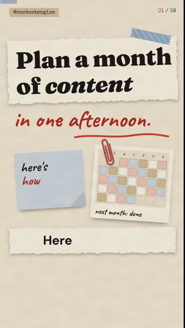 Frame from a rendered reel with a paper scrapbook style reading Plan a month of content in one afternoon
