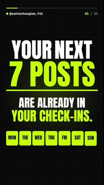 Frame from a rendered reel in black and acid green reading Your next 7 posts are already in your check-ins