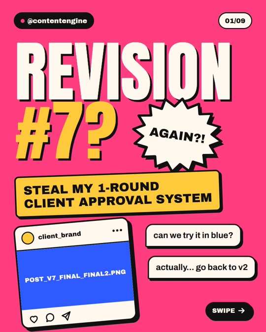 Carousel cover slide in loud pink and yellow flat colour reading Revision number 7 again